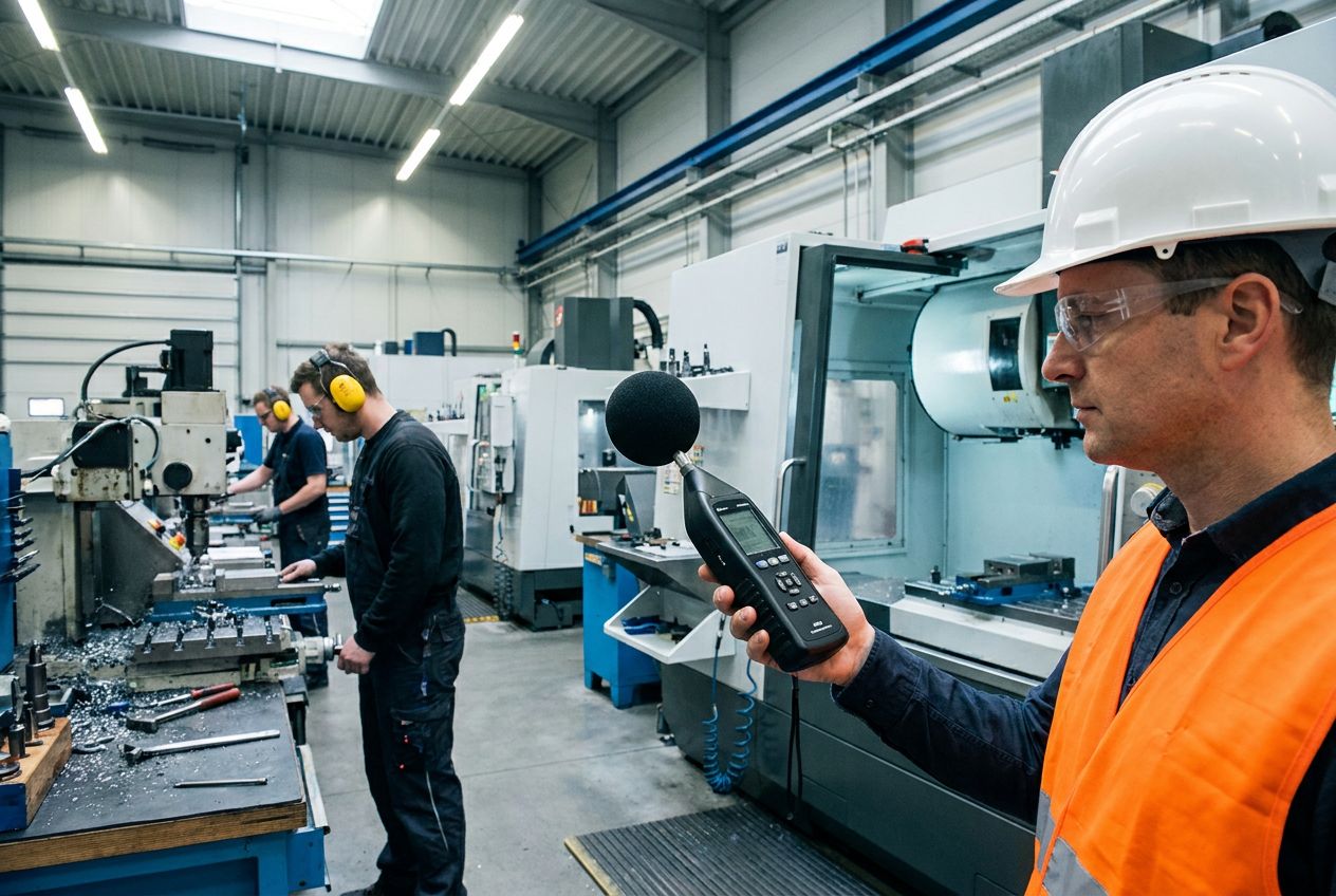 Lärmmessung am Arbeitsplatz: Pegelmessung mit Klasse-1-Schallpegelmessgerät in der Produktion